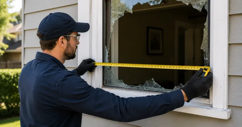 plywood board-up installed on a broken window Delaware