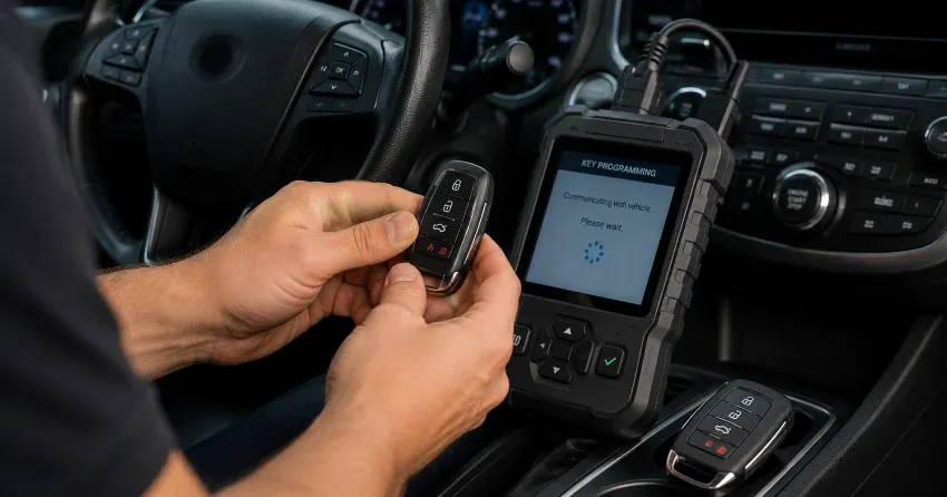 technician inspecting a worn car key before replacement in Delaware