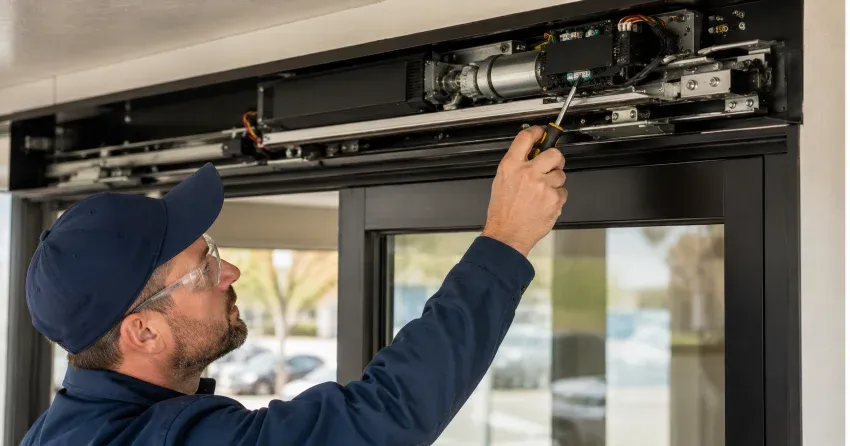 technician completing automatic door repair on residential property in Delaware