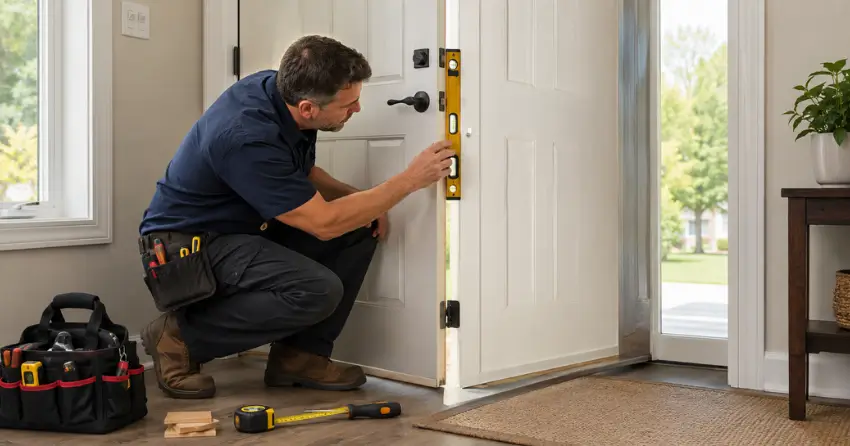 technician diagnosing a misaligned door frame in Delaware