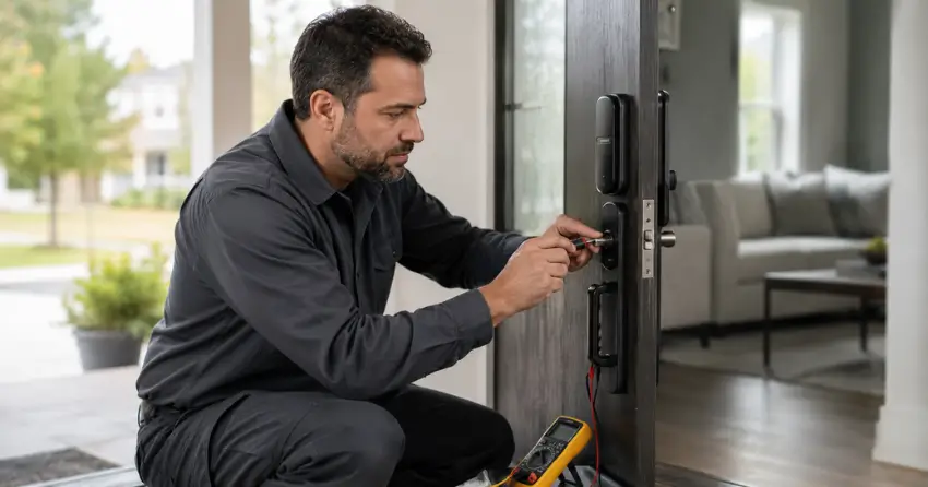 technician diagnosing automatic door lock mechanism on residential door in Delaware