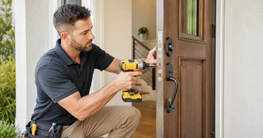 locksmith installing new deadbolt lock on front door in Delaware
