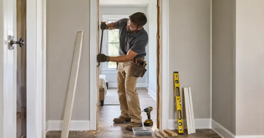 technician removing an old interior door frame during installation Delaware