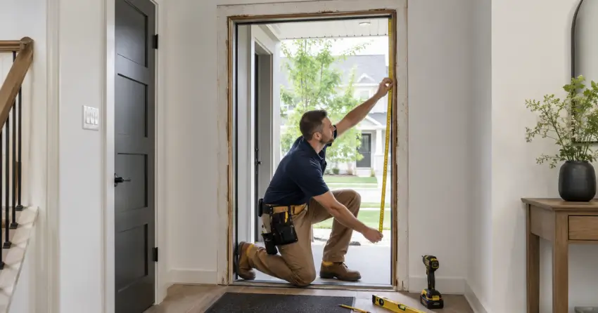 technician measuring a door frame before new door installation in Delaware