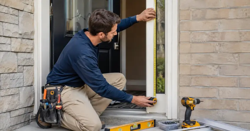 technician measuring door frame before storm door install in Delaware