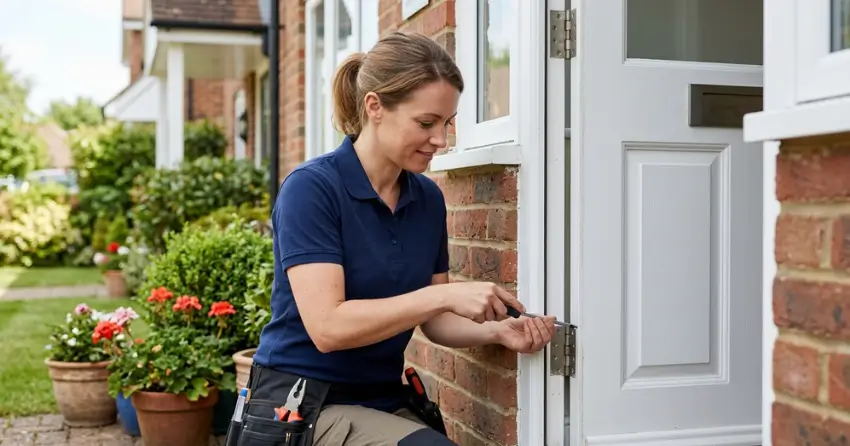technician repairing exterior door hinge and frame in Delaware