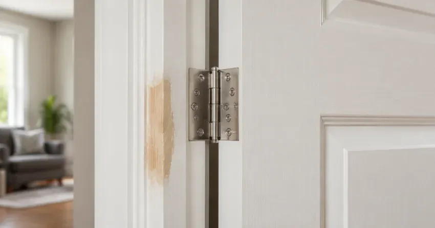 technician checking a warped door against a straightedge in Delaware