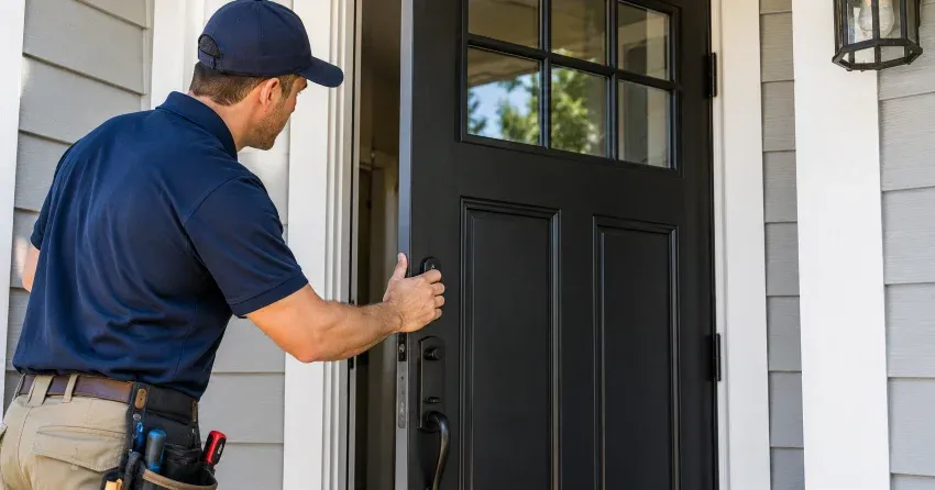 technician adjusting door hinge and strike plate in Delaware home