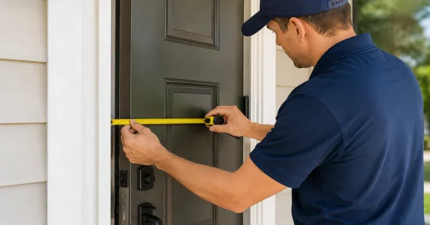 technician adjusting door hinge for alignment in Delaware