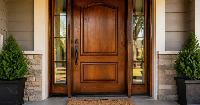 wood door mid-restoration showing stripped bare wood in Delaware