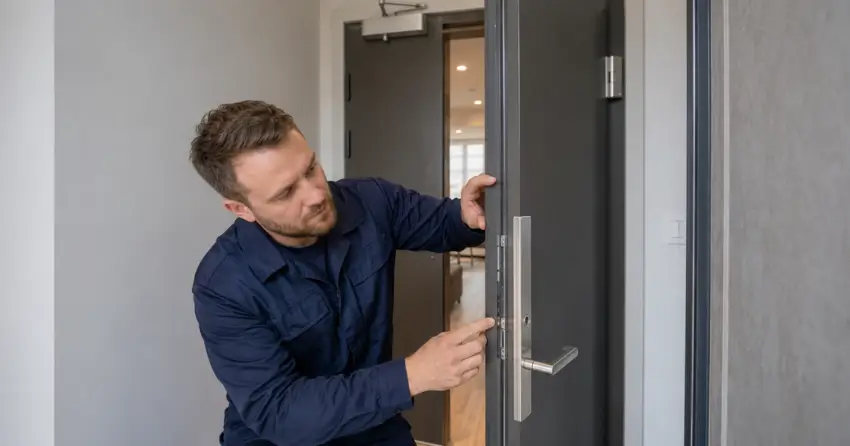 technician inspecting fire-rated door seal and hardware in Delaware