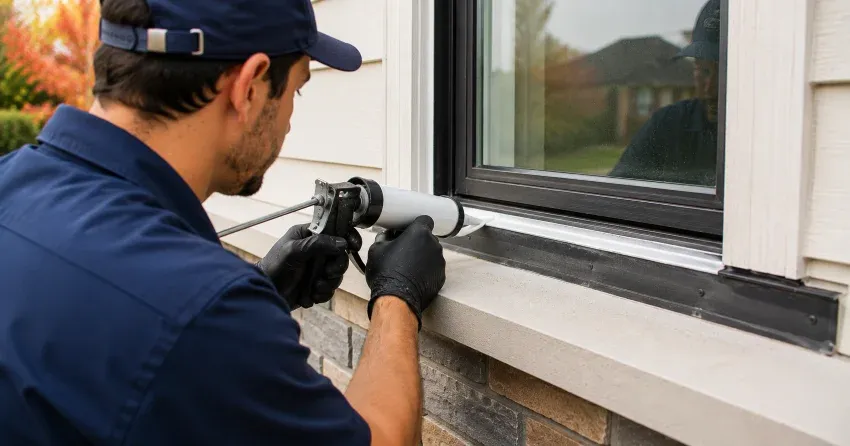 technician inspecting window flashing for leak source in Delaware