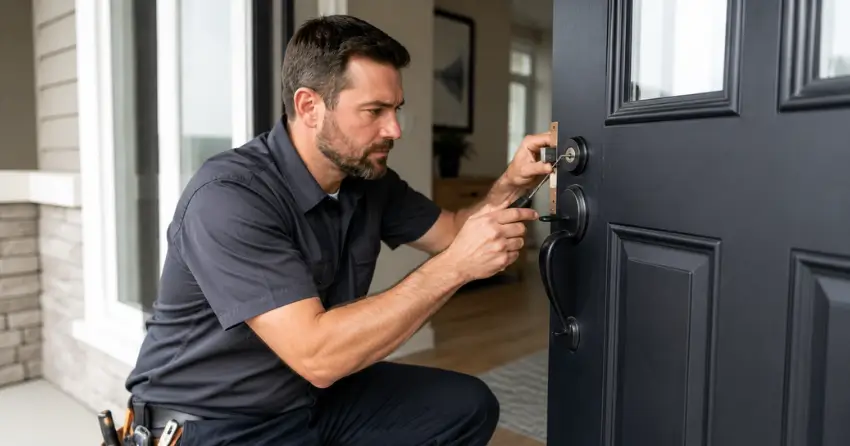 licensed locksmith technician working on residential deadbolt in Delaware