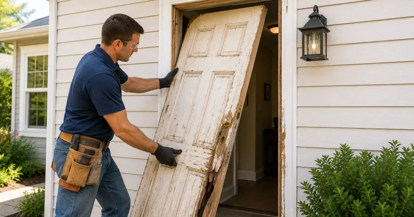 warped exterior door frame showing weather damage in Delaware